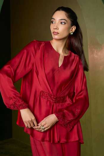 Omana By Ranjana Bothra_Red Silk , Split V-neck Ivy Waist Embellished Top And Trouser Set _at_Aza_Fashions