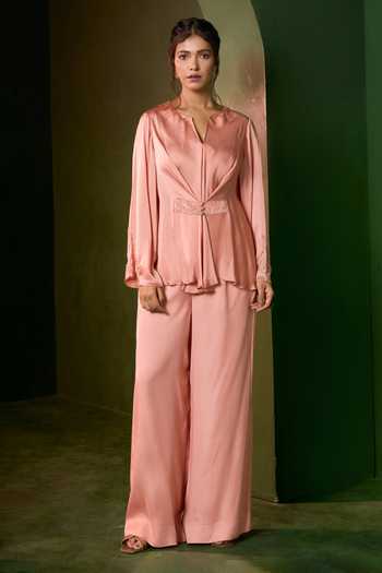 Buy_Omana By Ranjana Bothra_Silk , Split V-neck Ivy Placement Embellished Top And Trouser Set _Online_at_Aza_Fashions