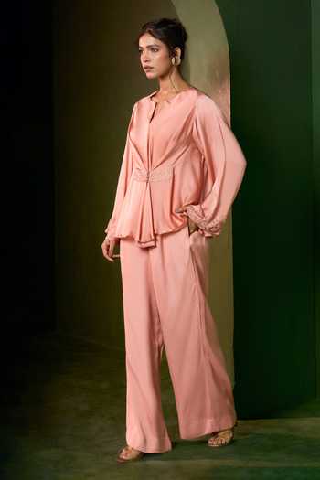 Shop_Omana By Ranjana Bothra_Silk , Split V-neck Ivy Placement Embellished Top And Trouser Set _Online_at_Aza_Fashions