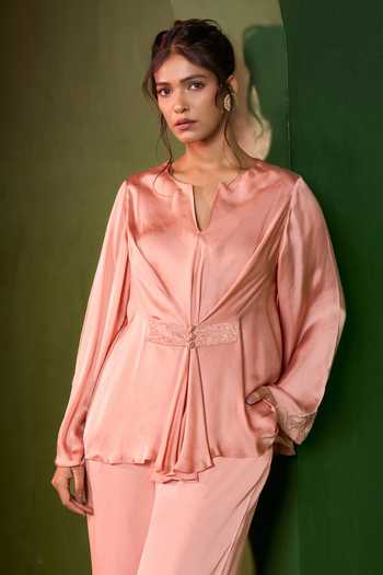 Omana By Ranjana Bothra_Silk , Split V-neck Ivy Placement Embellished Top And Trouser Set _at_Aza_Fashions