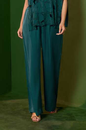 Omana By Ranjana Bothra_Emerald Green Satin Round Neck Arabella Cutwork Top And Trouser Set _Online_at_Aza_Fashions