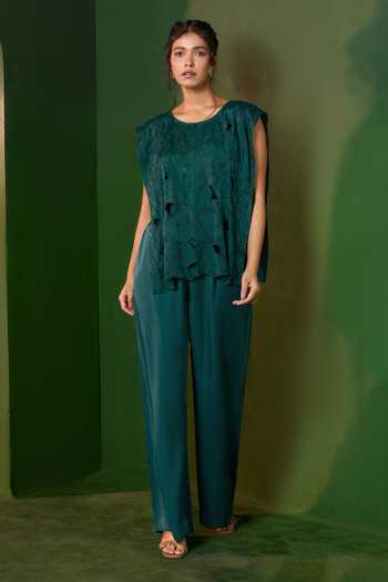Buy_Omana By Ranjana Bothra_Emerald Green Satin Round Neck Arabella Cutwork Top And Trouser Set _Online_at_Aza_Fashions