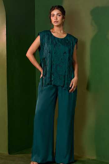 Shop_Omana By Ranjana Bothra_Emerald Green Satin Round Neck Arabella Cutwork Top And Trouser Set _Online_at_Aza_Fashions