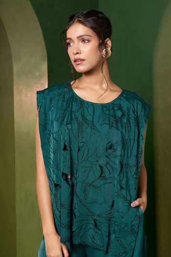 Omana By Ranjana Bothra_Emerald Green Satin Round Neck Arabella Cutwork Top And Trouser Set _at_Aza_Fashions