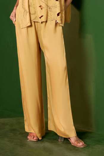 Omana By Ranjana Bothra_Gold Satin Round Neck Arabella Cut Out Top And Trouser Set _Online_at_Aza_Fashions