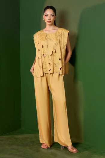 Buy_Omana By Ranjana Bothra_Gold Satin Round Neck Arabella Cut Out Top And Trouser Set _Online_at_Aza_Fashions