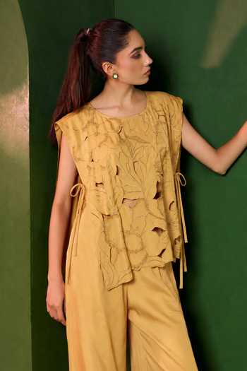 Shop_Omana By Ranjana Bothra_Gold Satin Round Neck Arabella Cut Out Top And Trouser Set _Online_at_Aza_Fashions
