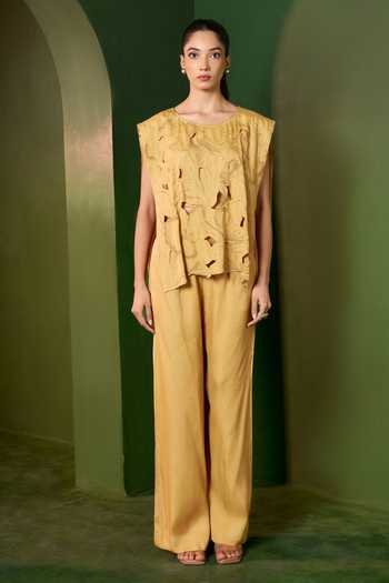 Omana By Ranjana Bothra_Gold Satin Round Neck Arabella Cut Out Top And Trouser Set _at_Aza_Fashions
