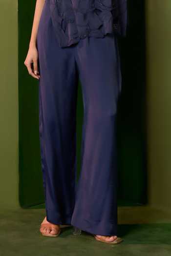 Omana By Ranjana Bothra_Blue Satin Round Neck Arabella Floral Cutwork Top And Trouser Set _Online_at_Aza_Fashions