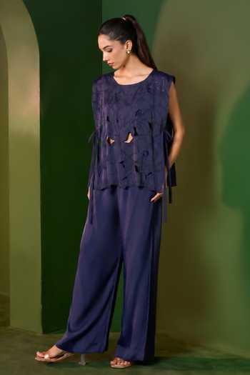 Buy_Omana By Ranjana Bothra_Blue Satin Round Neck Arabella Floral Cutwork Top And Trouser Set _Online_at_Aza_Fashions
