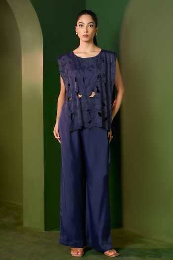 Shop_Omana By Ranjana Bothra_Blue Satin Round Neck Arabella Floral Cutwork Top And Trouser Set _Online_at_Aza_Fashions