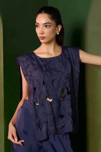Omana By Ranjana Bothra_Blue Satin Round Neck Arabella Floral Cutwork Top And Trouser Set _at_Aza_Fashions