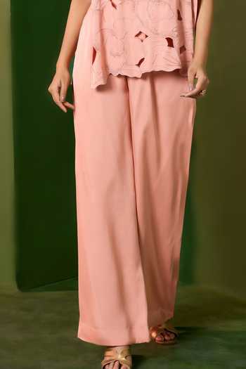 Buy_Omana By Ranjana Bothra_Pink Satin Scoop Neck Arabella Cut Work Top And Trouser Set _Online_at_Aza_Fashions