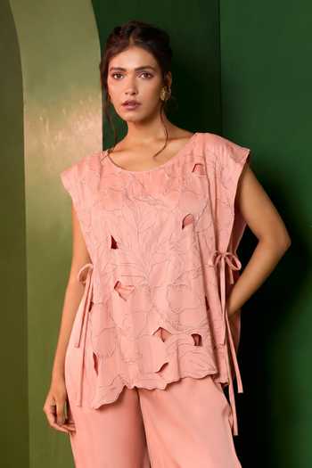 Shop_Omana By Ranjana Bothra_Pink Satin Scoop Neck Arabella Cut Work Top And Trouser Set _Online_at_Aza_Fashions