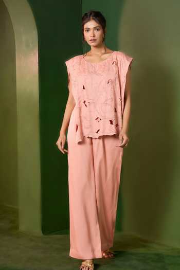 Omana By Ranjana Bothra_Pink Satin Scoop Neck Arabella Cut Work Top And Trouser Set _at_Aza_Fashions