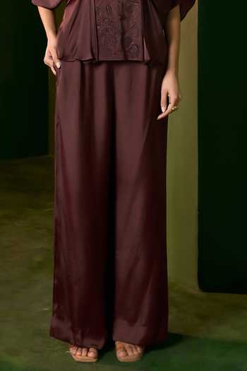 Omana By Ranjana Bothra_Brown Satin Round Neck Isla Applique Work Top And Trouser Set _Online_at_Aza_Fashions