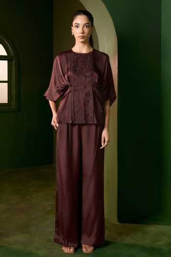 Buy_Omana By Ranjana Bothra_Brown Satin Round Neck Isla Applique Work Top And Trouser Set _Online_at_Aza_Fashions