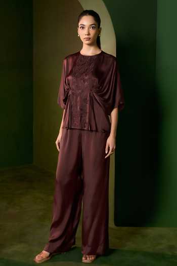 Shop_Omana By Ranjana Bothra_Brown Satin Round Neck Isla Applique Work Top And Trouser Set _Online_at_Aza_Fashions