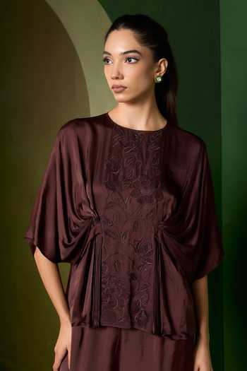 Omana By Ranjana Bothra_Brown Satin Round Neck Isla Applique Work Top And Trouser Set _at_Aza_Fashions