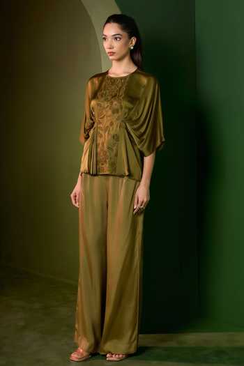 Buy_Omana By Ranjana Bothra_Green Silk , Round Neck Isla Applique Embroidered Top And Trouser Set _Online_at_Aza_Fashions