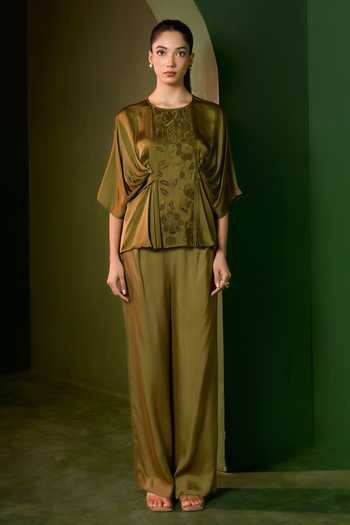 Shop_Omana By Ranjana Bothra_Green Silk , Round Neck Isla Applique Embroidered Top And Trouser Set _Online_at_Aza_Fashions