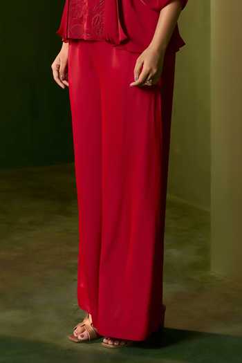Omana By Ranjana Bothra_Red Silk , Round Neck Isla Floral Embroidered Top And Trouser Set _Online_at_Aza_Fashions