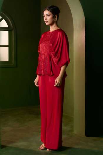 Buy_Omana By Ranjana Bothra_Red Silk , Round Neck Isla Floral Embroidered Top And Trouser Set _Online_at_Aza_Fashions
