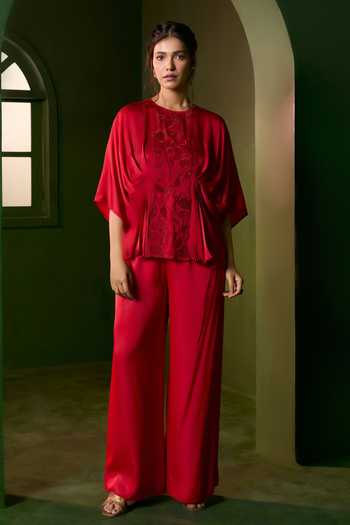 Shop_Omana By Ranjana Bothra_Red Silk , Round Neck Isla Floral Embroidered Top And Trouser Set _Online_at_Aza_Fashions