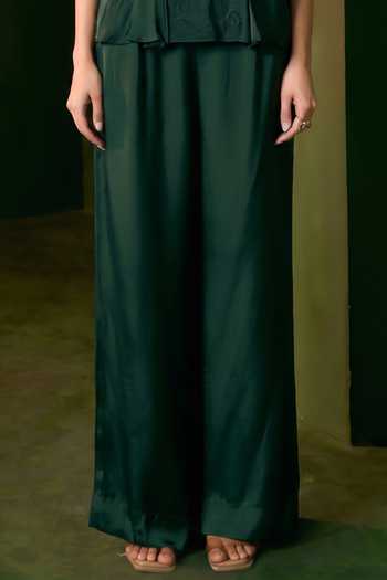 Omana By Ranjana Bothra_Emerald Green Silk , Isla Floral Applique Work Top And Trouser Set _Online_at_Aza_Fashions