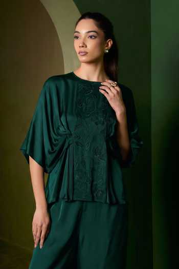 Buy_Omana By Ranjana Bothra_Emerald Green Silk , Isla Floral Applique Work Top And Trouser Set _Online_at_Aza_Fashions