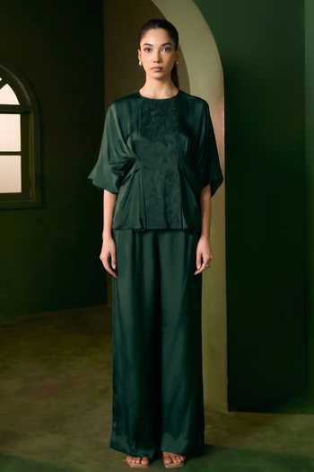 Shop_Omana By Ranjana Bothra_Emerald Green Silk , Isla Floral Applique Work Top And Trouser Set _Online_at_Aza_Fashions