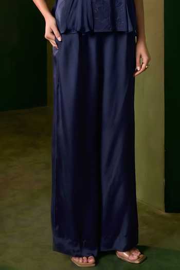 Omana By Ranjana Bothra_Blue Silk , Round Neck Isla Applique Work Top And Trouser Set _Online_at_Aza_Fashions