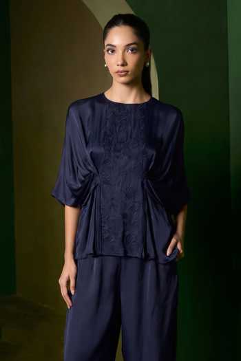 Buy_Omana By Ranjana Bothra_Blue Silk , Round Neck Isla Applique Work Top And Trouser Set _Online_at_Aza_Fashions