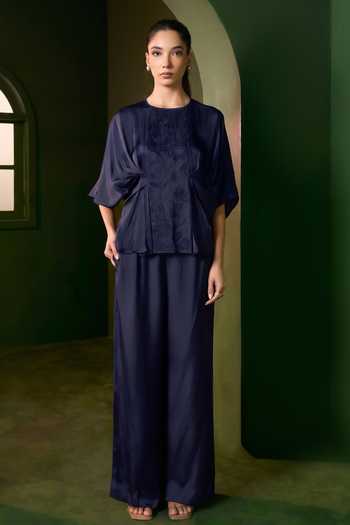 Shop_Omana By Ranjana Bothra_Blue Silk , Round Neck Isla Applique Work Top And Trouser Set _Online_at_Aza_Fashions