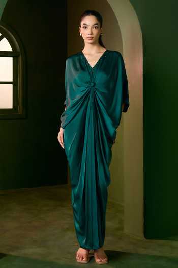 Omana By Ranjana Bothra_Emerald Green Silk Satin V-neck Riviera Knot Kaftan _Online_at_Aza_Fashions