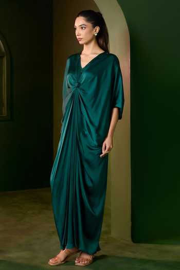 Shop_Omana By Ranjana Bothra_Emerald Green Silk Satin V-neck Riviera Knot Kaftan _Online_at_Aza_Fashions