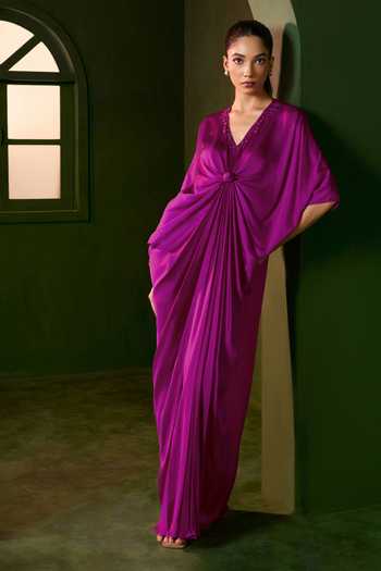 Omana By Ranjana Bothra_Pink Silk Satin V-neck Riviera Front Knotted Kaftan _Online_at_Aza_Fashions