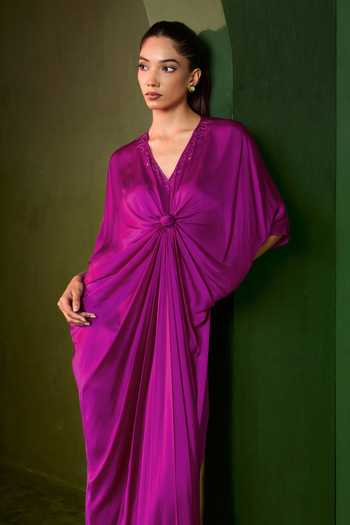 Buy_Omana By Ranjana Bothra_Pink Silk Satin V-neck Riviera Front Knotted Kaftan _Online_at_Aza_Fashions