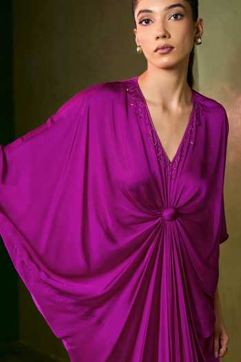 Shop_Omana By Ranjana Bothra_Pink Silk Satin V-neck Riviera Front Knotted Kaftan _Online_at_Aza_Fashions
