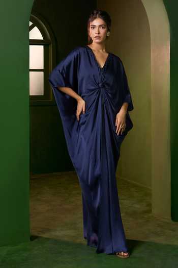 Omana By Ranjana Bothra_Blue Silk Satin V-neck Riviera Knotted Kaftan _Online_at_Aza_Fashions