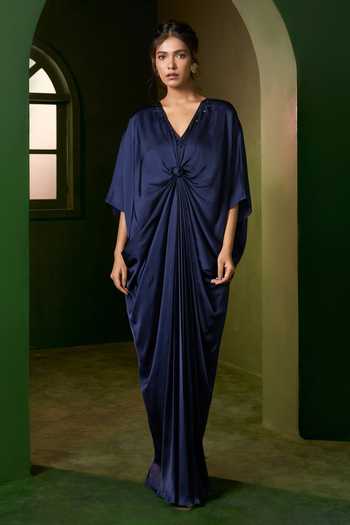 Buy_Omana By Ranjana Bothra_Blue Silk Satin V-neck Riviera Knotted Kaftan _Online_at_Aza_Fashions