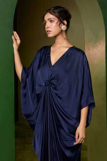 Omana By Ranjana Bothra_Blue Silk Satin V-neck Riviera Knotted Kaftan _at_Aza_Fashions