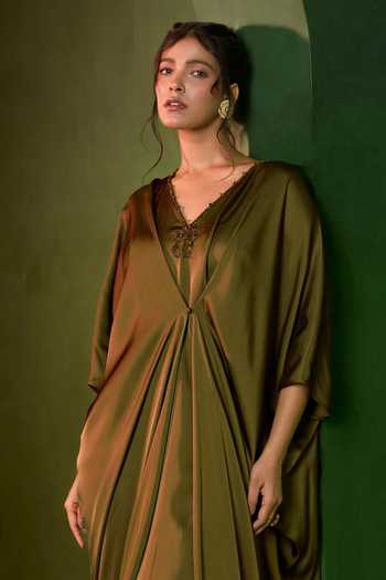 Buy_Omana By Ranjana Bothra_Green Silk Satin V-neck Celeste Stud Kaftan _Online_at_Aza_Fashions