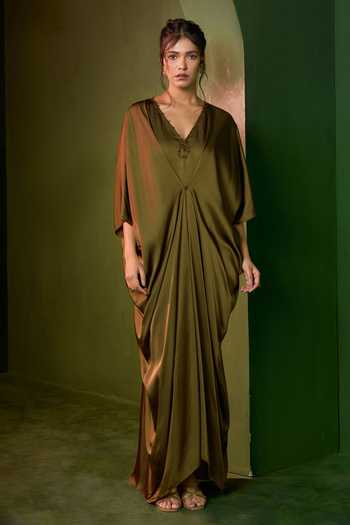 Shop_Omana By Ranjana Bothra_Green Silk Satin V-neck Celeste Stud Kaftan _Online_at_Aza_Fashions