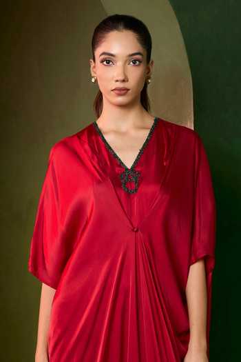 Buy_Omana By Ranjana Bothra_Red Silk Satin V-neck Celeste Stud Kaftan _Online_at_Aza_Fashions