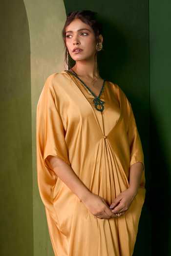 Omana By Ranjana Bothra_Gold Silk Satin V-neck Celeste Stud Kaftan _Online_at_Aza_Fashions