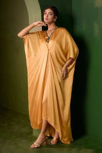 Buy_Omana By Ranjana Bothra_Gold Silk Satin V-neck Celeste Stud Kaftan _Online_at_Aza_Fashions
