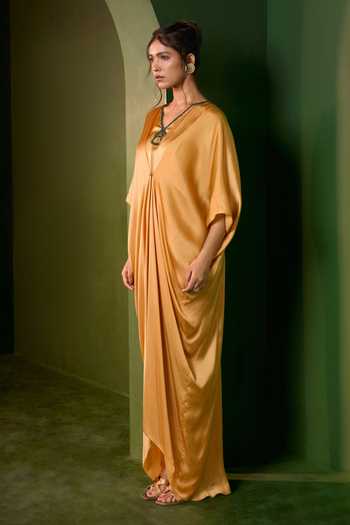 Shop_Omana By Ranjana Bothra_Gold Silk Satin V-neck Celeste Stud Kaftan _Online_at_Aza_Fashions