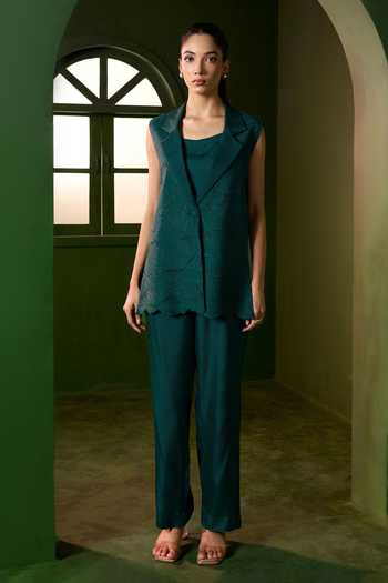 Omana By Ranjana Bothra_Emerald Green Satin Arabella Hand Embroidered Blazer Trouser Set _Online_at_Aza_Fashions