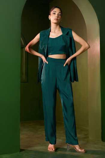 Buy_Omana By Ranjana Bothra_Emerald Green Satin Arabella Hand Embroidered Blazer Trouser Set _Online_at_Aza_Fashions
